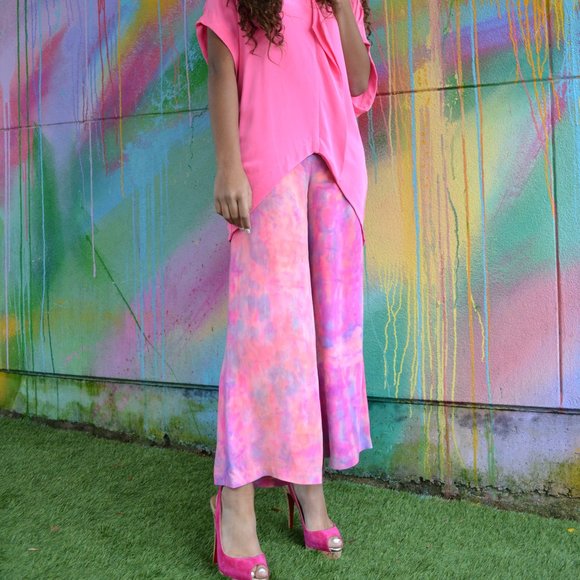 Giorgio Armani wide leg Silk Pants pink peach beige purple small med 8 10 46 dye - Picture 6 of 6